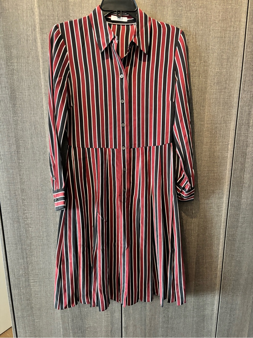 Equipment 100% Striped Button-Front Shirt Dress in Burgundy, navy & White